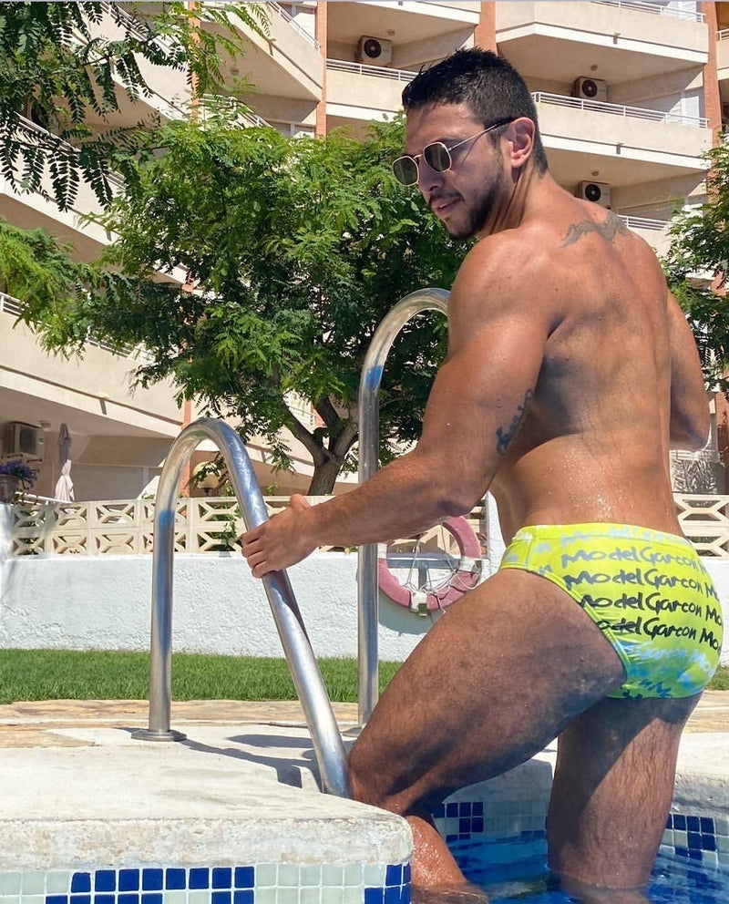 GARCON MODEL Swimwear Graffiti Low Rise Swim-Brief Zesty Yellow 9 - SexyMenUnderwear.com