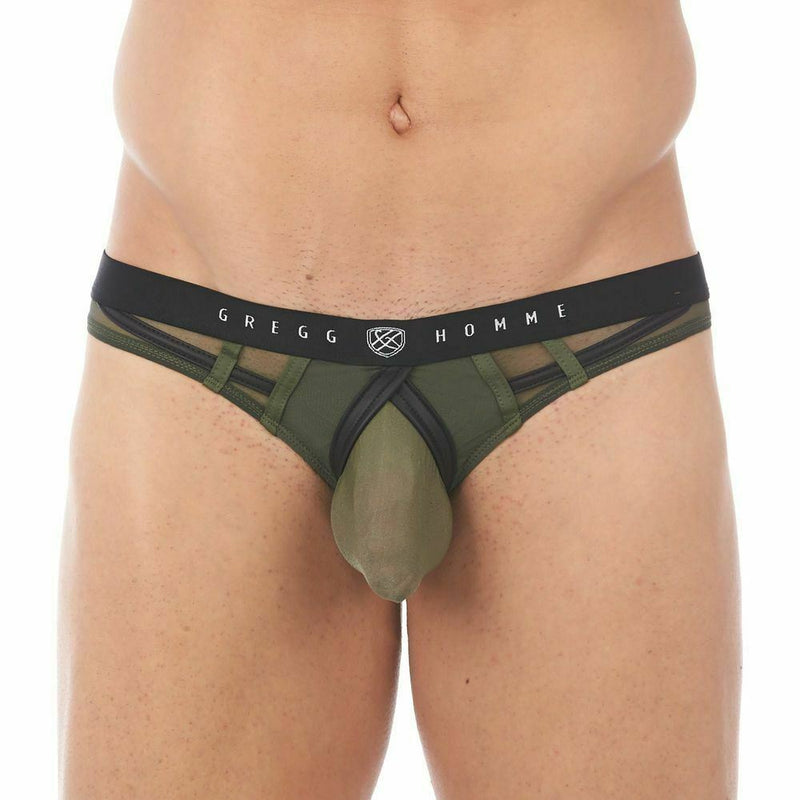 Gregg Homme Erupt Thong 8 Ways Stretch Sheer Mesh Khaki 140004 128A - SexyMenUnderwear.com