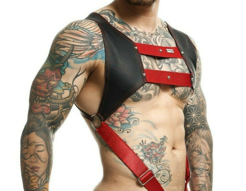 Harness MOB DNGEON Faux-Leather CropTop C-Ring Harness Cherry Red DMBL08 - SexyMenUnderwear.com