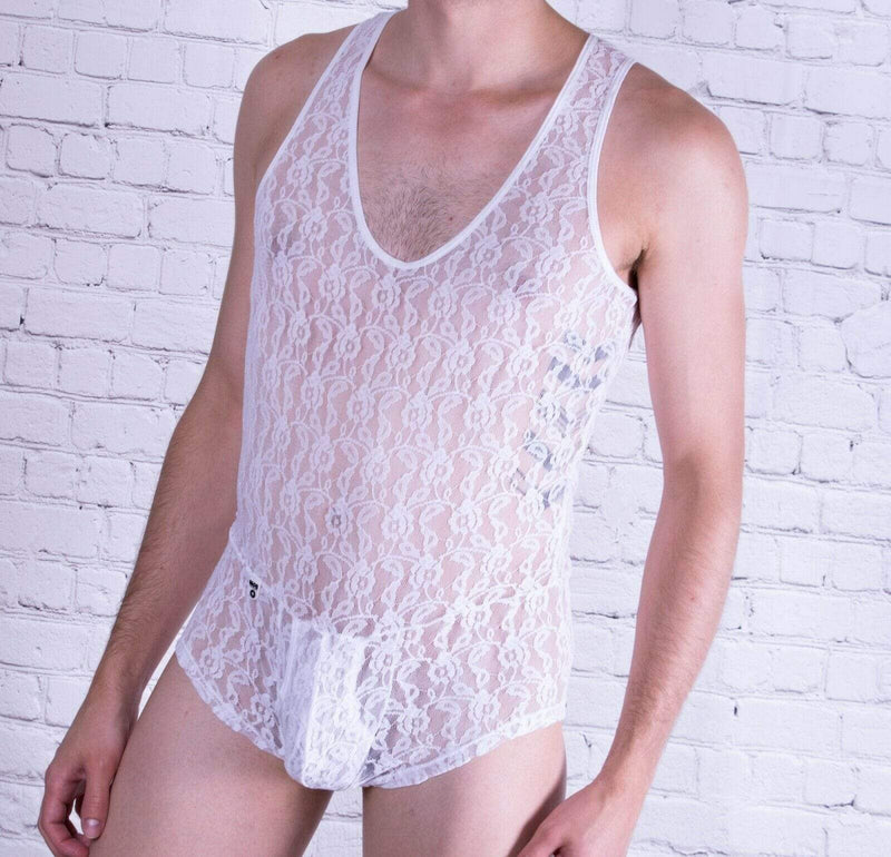 Malebasics Mob Singlet Lace Mens Bodysuit Dentelle Lace White MBL17 2 - SexyMenUnderwear.com