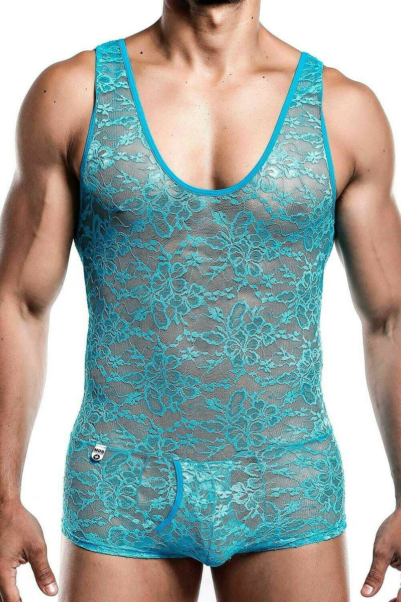 Malebasics Mob Singlet Lace Mens Sexy Bodysuit Dentelle Turquoise MBL17 2 - SexyMenUnderwear.com