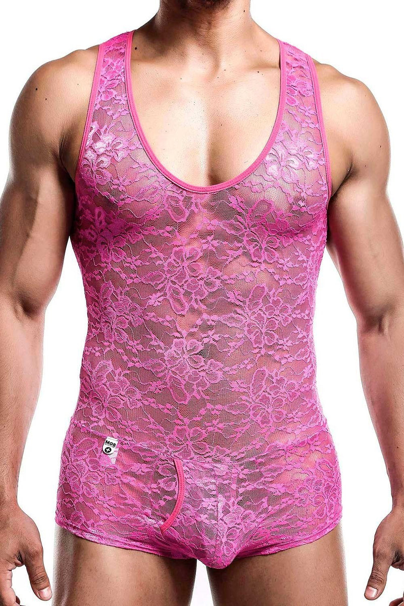 Malebasics Mob Singlet Lace Mens Sexy Bodysuit EroticWear Hot Pink MBL17 2 - SexyMenUnderwear.com
