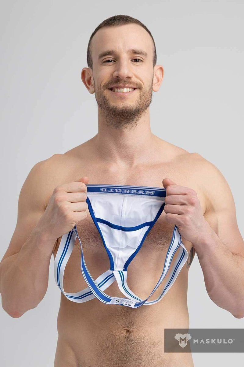 MASKULO College Cotton Jockstraps Two Pockets Codpiece White&Royal JS161-64 28 - SexyMenUnderwear.com