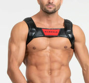 MASKULO Harness Bulldog 3D Rubber Logo Ring Snaps Leatherette Piping HR200-10 31 - SexyMenUnderwear.com