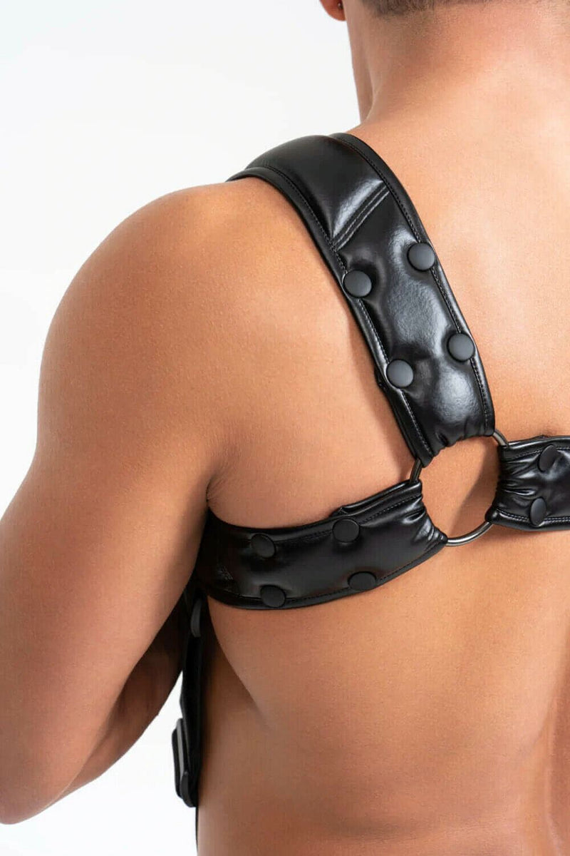 MASKULO Harness Bulldog 3D Rubber Logo Ring Snaps Leatherette Piping HR200-10 31 - SexyMenUnderwear.com