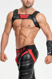MASKULO Harness Bulldog 3D Rubber Logo Ring Snaps Leatherette Piping HR200-10 31 - SexyMenUnderwear.com