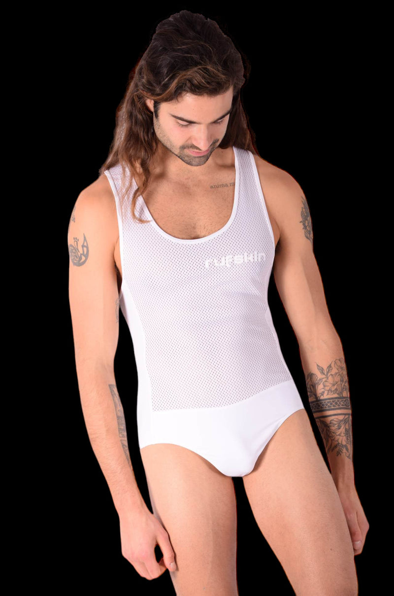 Medium RUFSKIN Briefs-Bodysuit Perforated Sweat-Wicking Singlet White 83 - SexyMenUnderwear.com