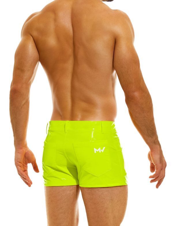 Modus Vivendi 5-Pocket Short Viral Vinyl Glossy Shiny Neon Yellow 08062 33 - SexyMenUnderwear.com