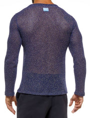 Modus Vivendi Knight V-Neck T Shirt Longsleeves Shiny Blue Lurex 05251 64 - SexyMenUnderwear.com