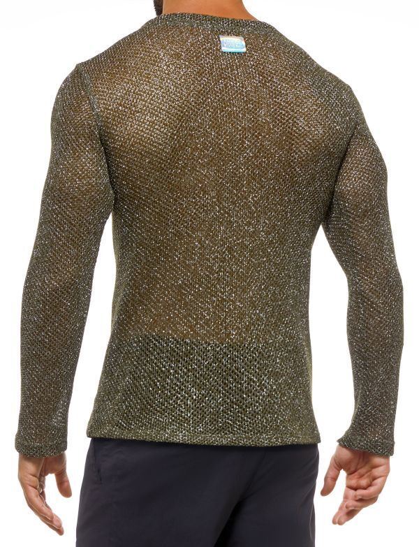 Modus Vivendi Knight V-Neck T Shirt Longsleeves Shiny Lurex Khaki 05251 64 - SexyMenUnderwear.com