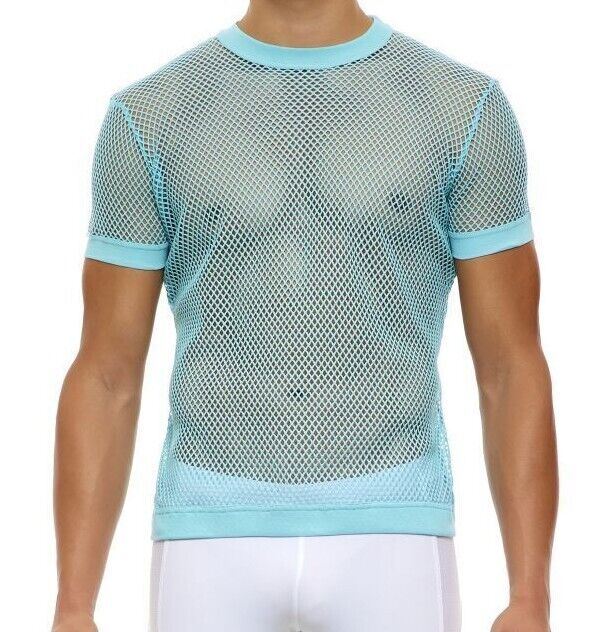 Modus Vivendi Mesh T-Shirt C-Through Muscle Fit Light Blue Shirt 08033 - SexyMenUnderwear.com