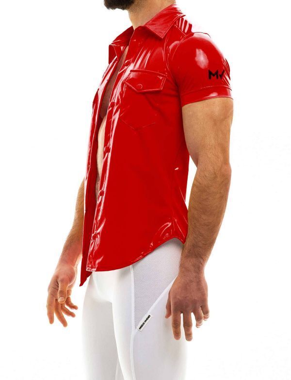 Modus Vivendi Viral Vinyl Shirt Press Stud Buttons Tight Fit Shirts Red 08041 - SexyMenUnderwear.com