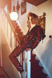 MR. RIEGILLIO PVC Tracksuit Jacket hoodies Drawstring Glossy Black & Red Stripes - SexyMenUnderwear.com