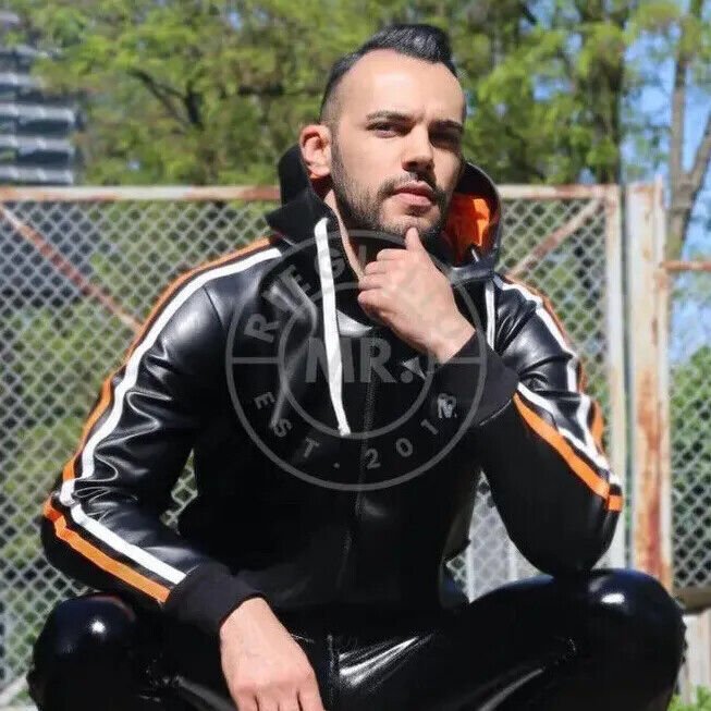 MR. RIEGILLIO Vegan Leather Tracksuit Jacket hoodies Black & Orange Stripes - SexyMenUnderwear.com