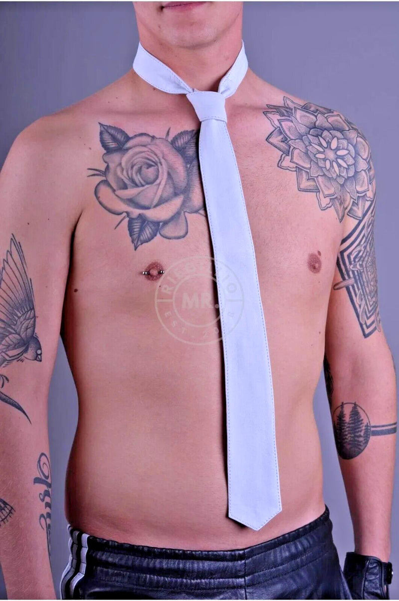MR. RIEGILLIO White Leather Tie Classic & Clean Tie - SexyMenUnderwear.com