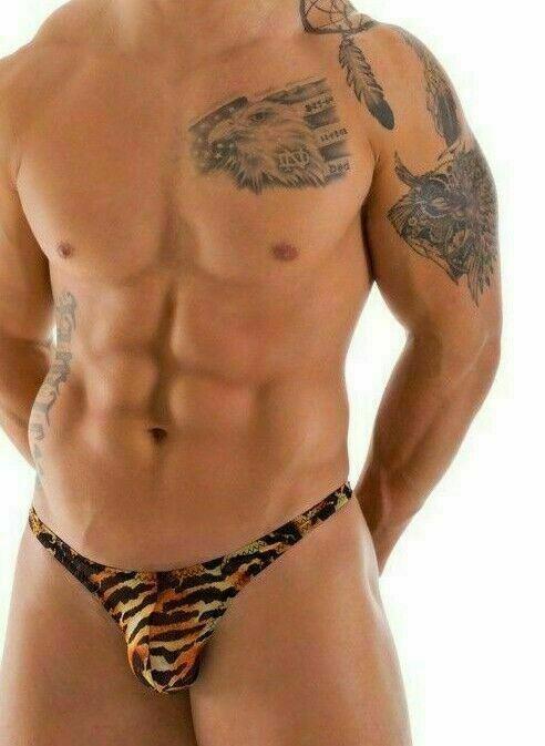 SexyMenUnderwear.com S SMALL 'SKINZ' Swim-Thong Stuffit Pouch Swimwear Low Front Tangas Tiger 4503 1