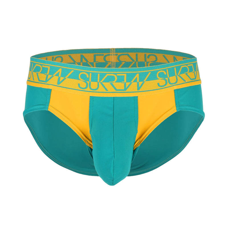 SexyMenUnderwear.com SUKREW Bloc Brief Extra Contoured Pouch Stretch Silky Fabric Teal/Mustard