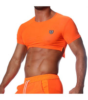 SexyMenUnderwear.com TOF PARIS Crop Top Very Soft Round Collared Shirt Neon Orange 47