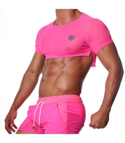 SexyMenUnderwear.com TOF PARIS Crop Top Very Soft Round Collared Shirt Neon Pink 47