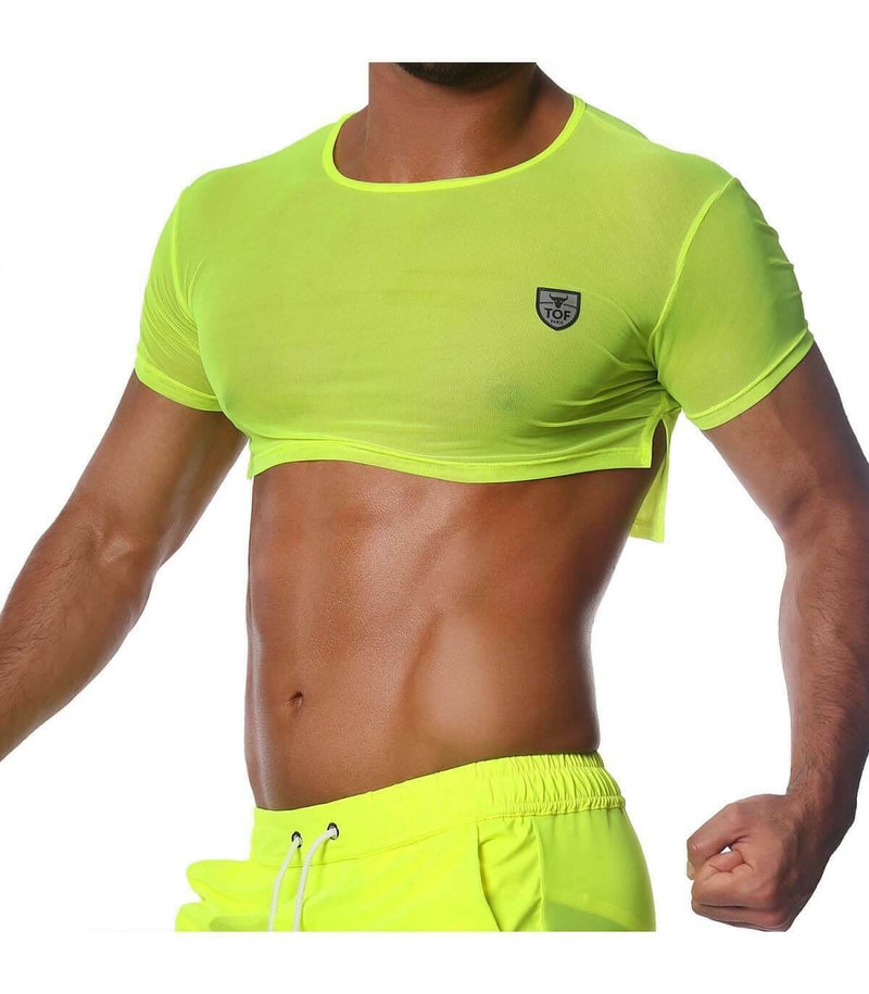 SexyMenUnderwear.com TOF PARIS Crop Top Very Soft Round Collared Shirt Neon Yellow 47