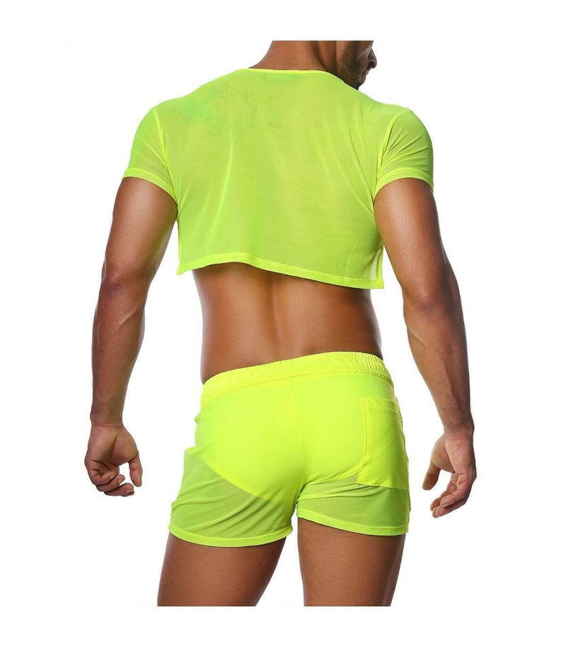SexyMenUnderwear.com TOF PARIS Crop Top Very Soft Round Collared Shirt Neon Yellow 47