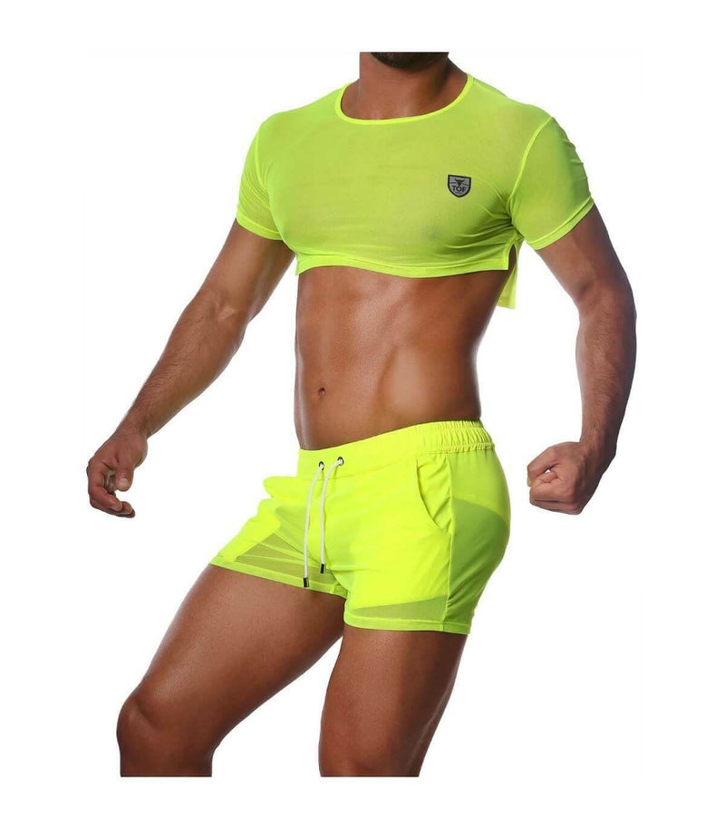 SexyMenUnderwear.com TOF PARIS Crop Top Very Soft Round Collared Shirt Neon Yellow 47