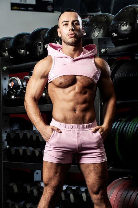 SexyMenUnderwear.com TOF PARIS Hoodie Harness Crop Top Very Soft Deep Zip Pocket Jersey Shirt Pink 51