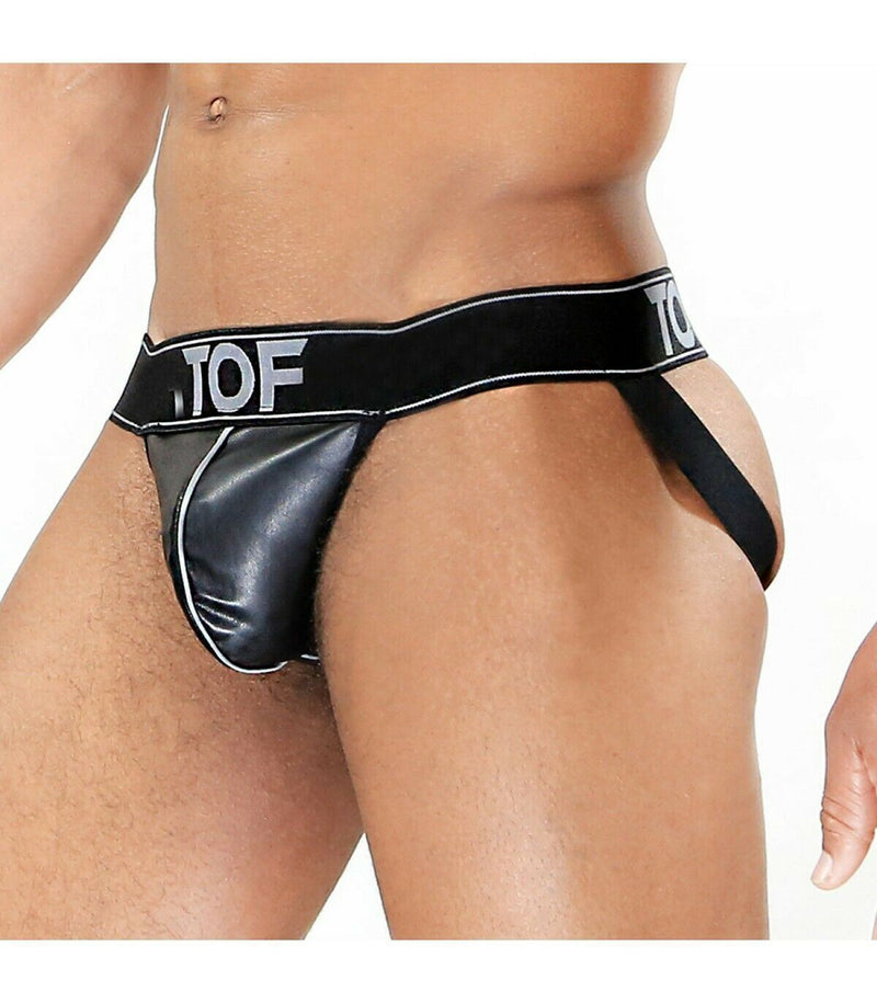 SexyMenUnderwear.com TOF PARIS JockStrap FETISH Total Black Ultra Sexy Elastic Bands Faux Leather 4