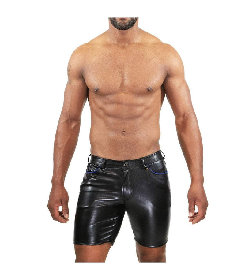 SexyMenUnderwear.com TOF PARIS Short GLADIATOR Faux Leather Long Shorts Tight Fit Black & Blue 33