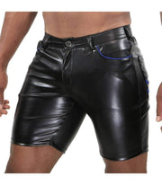 SexyMenUnderwear.com TOF PARIS Short GLADIATOR Faux Leather Long Shorts Tight Fit Black & Blue 33
