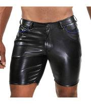SexyMenUnderwear.com TOF PARIS Short GLADIATOR Faux Leather Long Shorts Tight Fit Black & Blue 33
