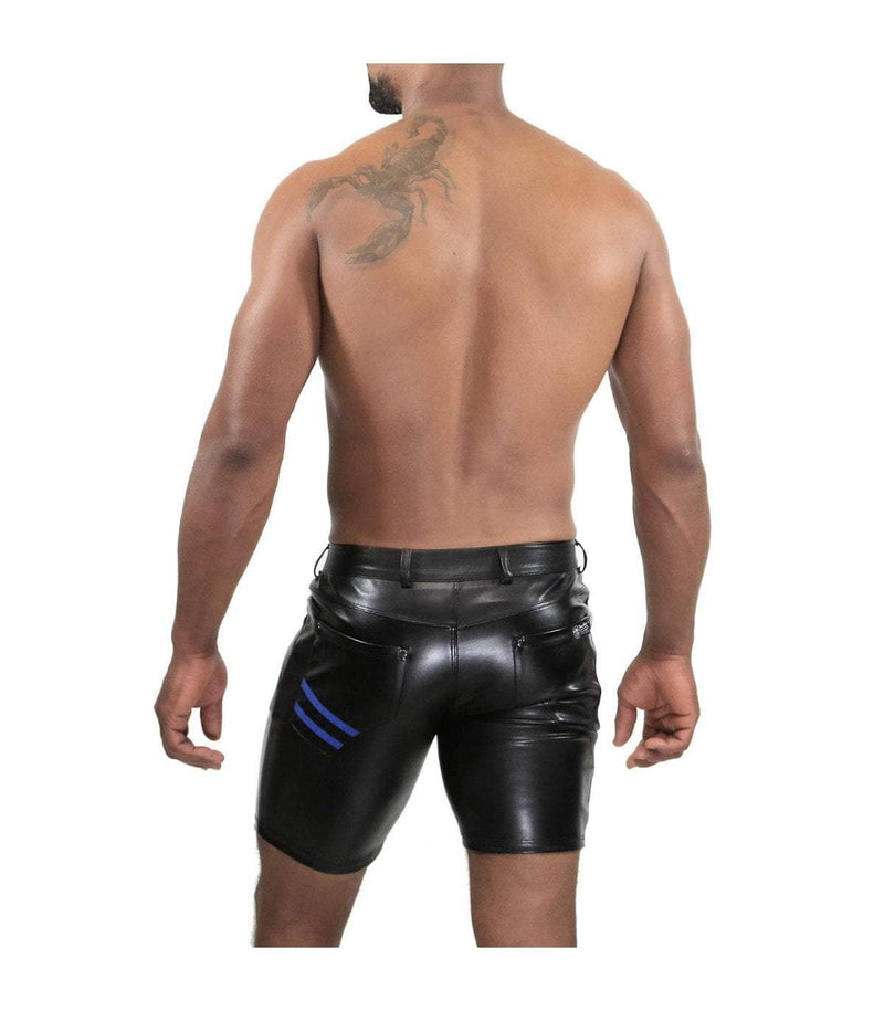 SexyMenUnderwear.com TOF PARIS Short GLADIATOR Faux Leather Long Shorts Tight Fit Black & Blue 33