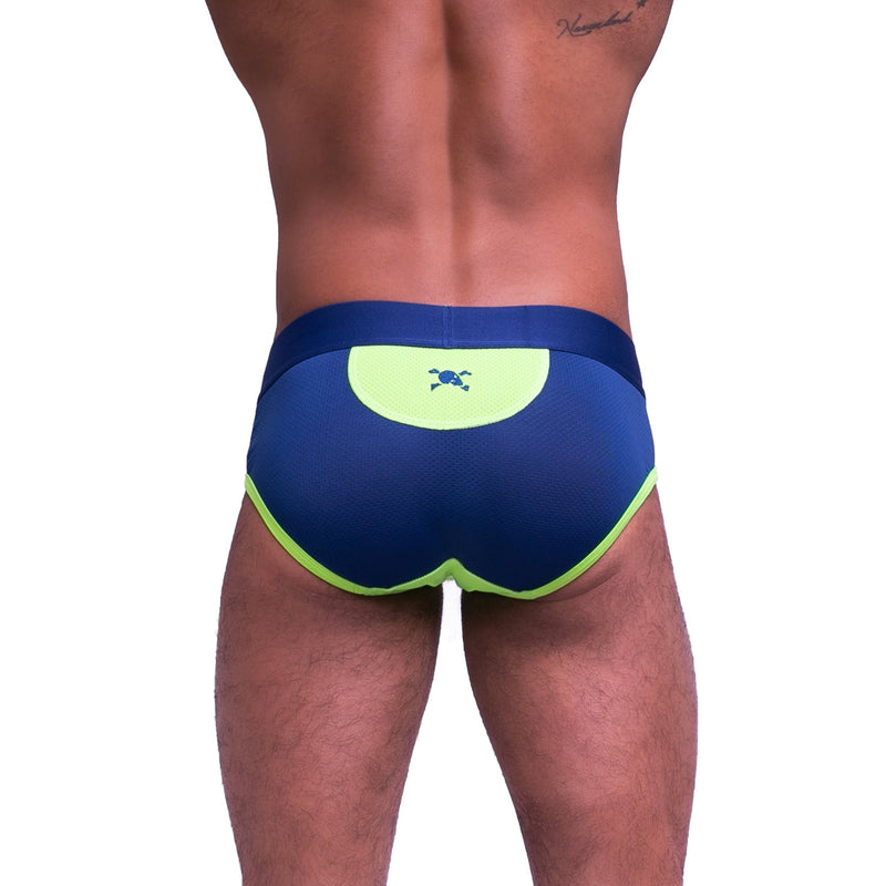 SKULL & BONES Sport Mesh Brief Double Fabric Layer Gusset Navy Neon Green 11