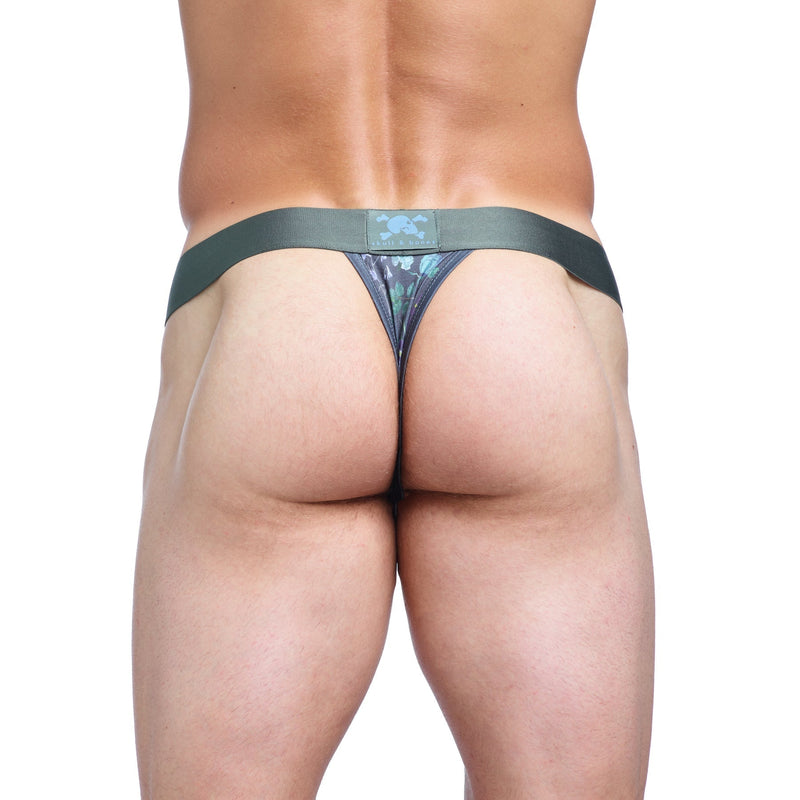 SKULL & BONES Stetchy Thong Hand-Painted Dutch Floral Green Thongs 3