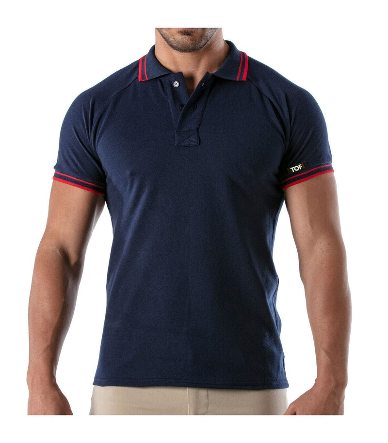 TOF-PARIS Cotton Polo Shirt Patriot Reglan Ribbed Sleeve Slim Fit Navy 96