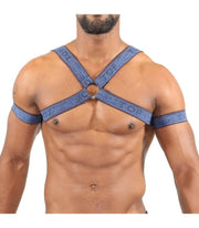 TOF PARIS Elastic Harness Jaquard H and X Form For a Manly Style Blue Jeans