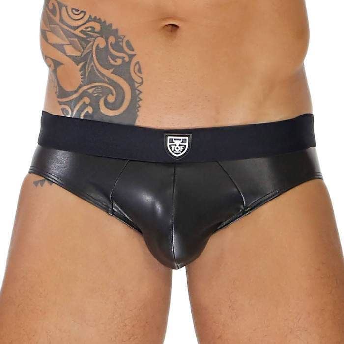 TOF PARIS Faux-Leather Briefs Stretch MicroFibre & Generous Pouch Black/Black 4A