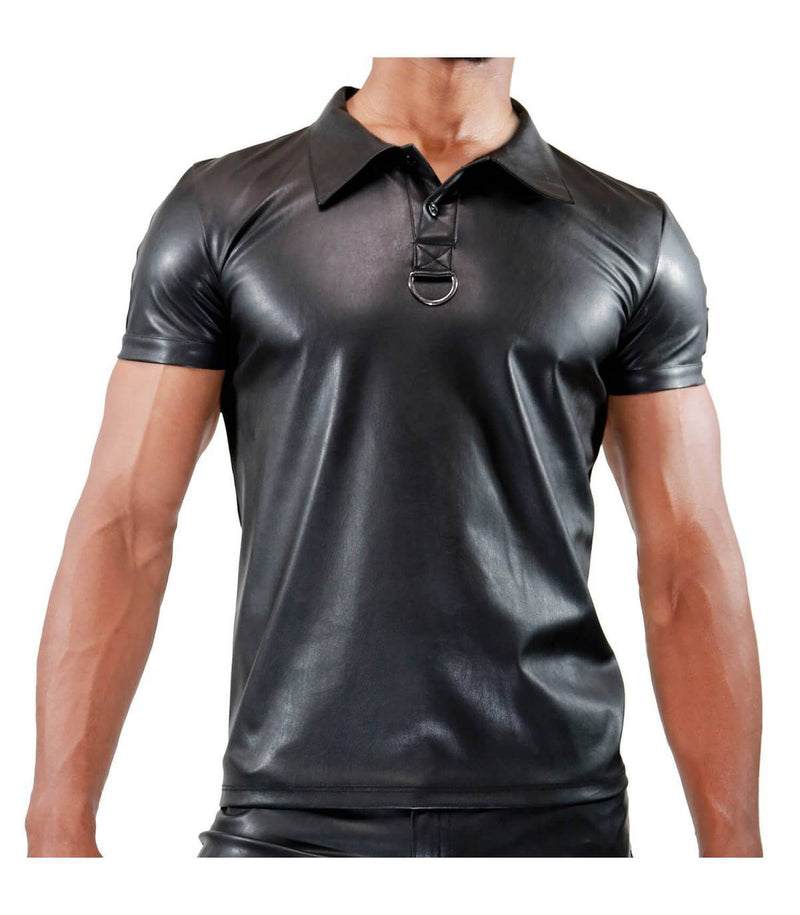 TOF PARIS Fetish Polo Shirt Leather-Look Slightly Adjusted Cut Black