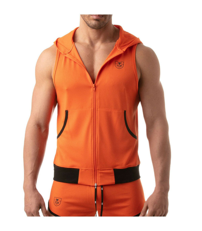 TOF PARIS Mesh Sleeveless Hoodie Jacket Light Tank 2-Deep Pockets Orange 6