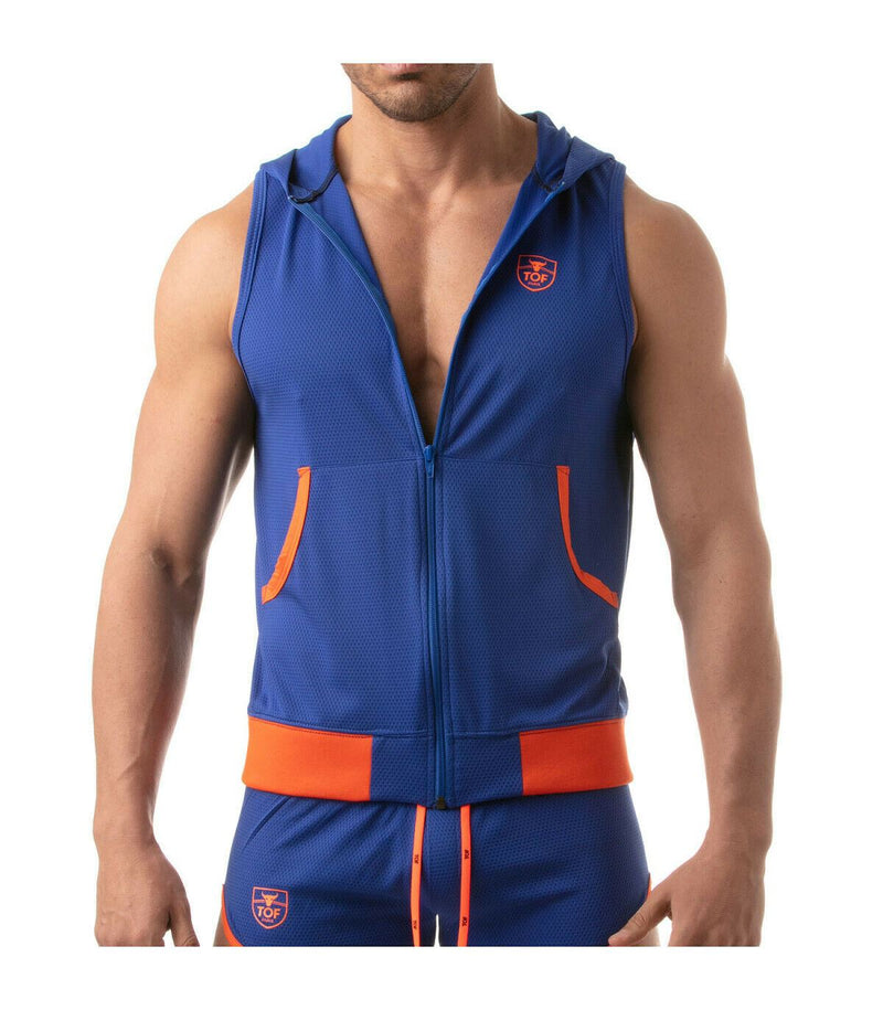 TOF PARIS Mesh Sleeveless Hoodie Jacket Ultra-Light Tank 2Large Pockets Royal 6