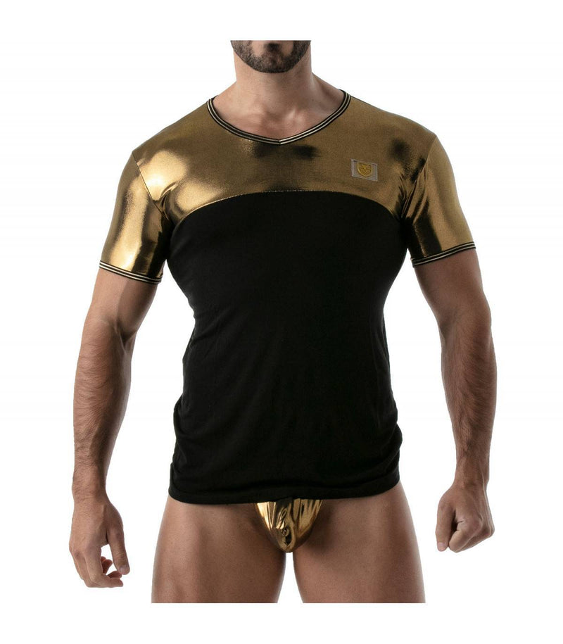 TOF PARIS T-Shirt Metal Lurex Edging Half-Cotton Half-Metallic Gold Shirt