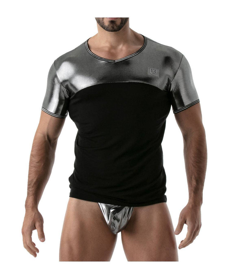 TOF PARIS T-Shirt Metal Lurex Edging Half-Cotton Half-Metallic Silver