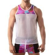 TOF PARIS Tank Floral Mesh Tank Top Open Bi-Material PINK 68