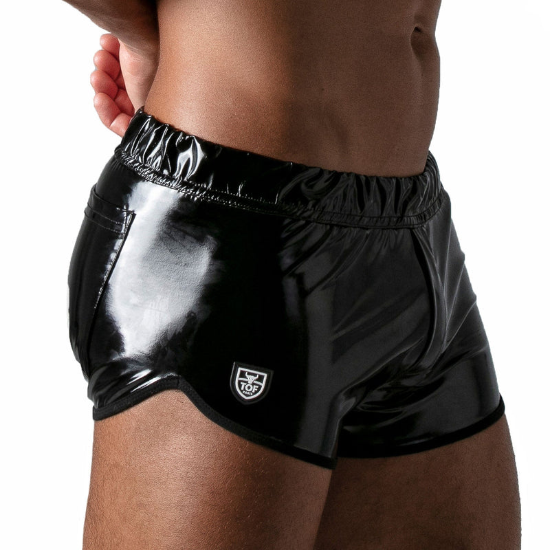 TOF PARIS Vinyl Short Tight-Fit Waxed Leather-Look Boxer Mini Short Shiny Black